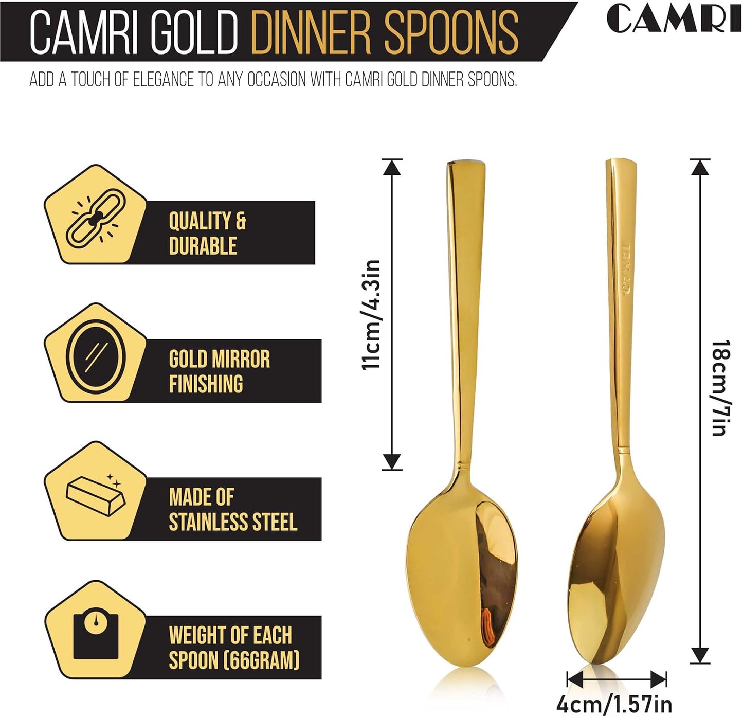 Camri Stainless Steel Dinner Spoons - Set of 6 - C37 - Gold