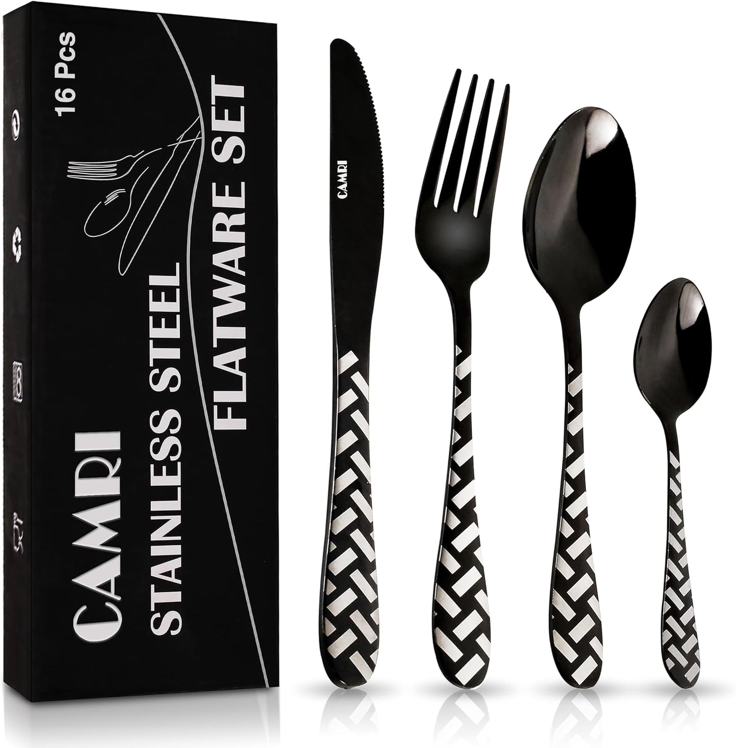Camri Stainless Steel Cutlery Set – 16 Pieces - Cross Black Pattern