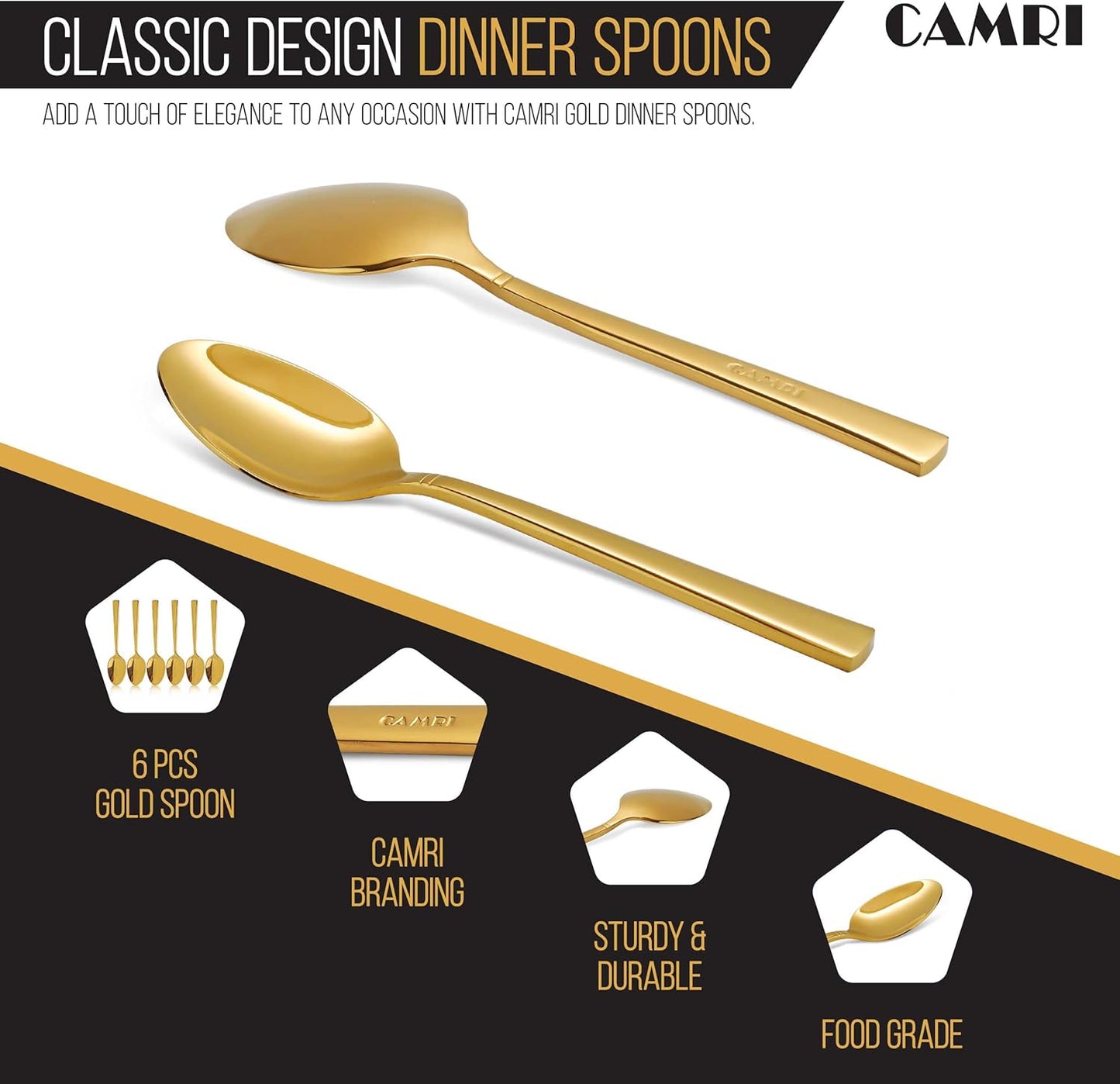 Camri Stainless Steel Dinner Spoons - Set of 6 - C37 - Gold