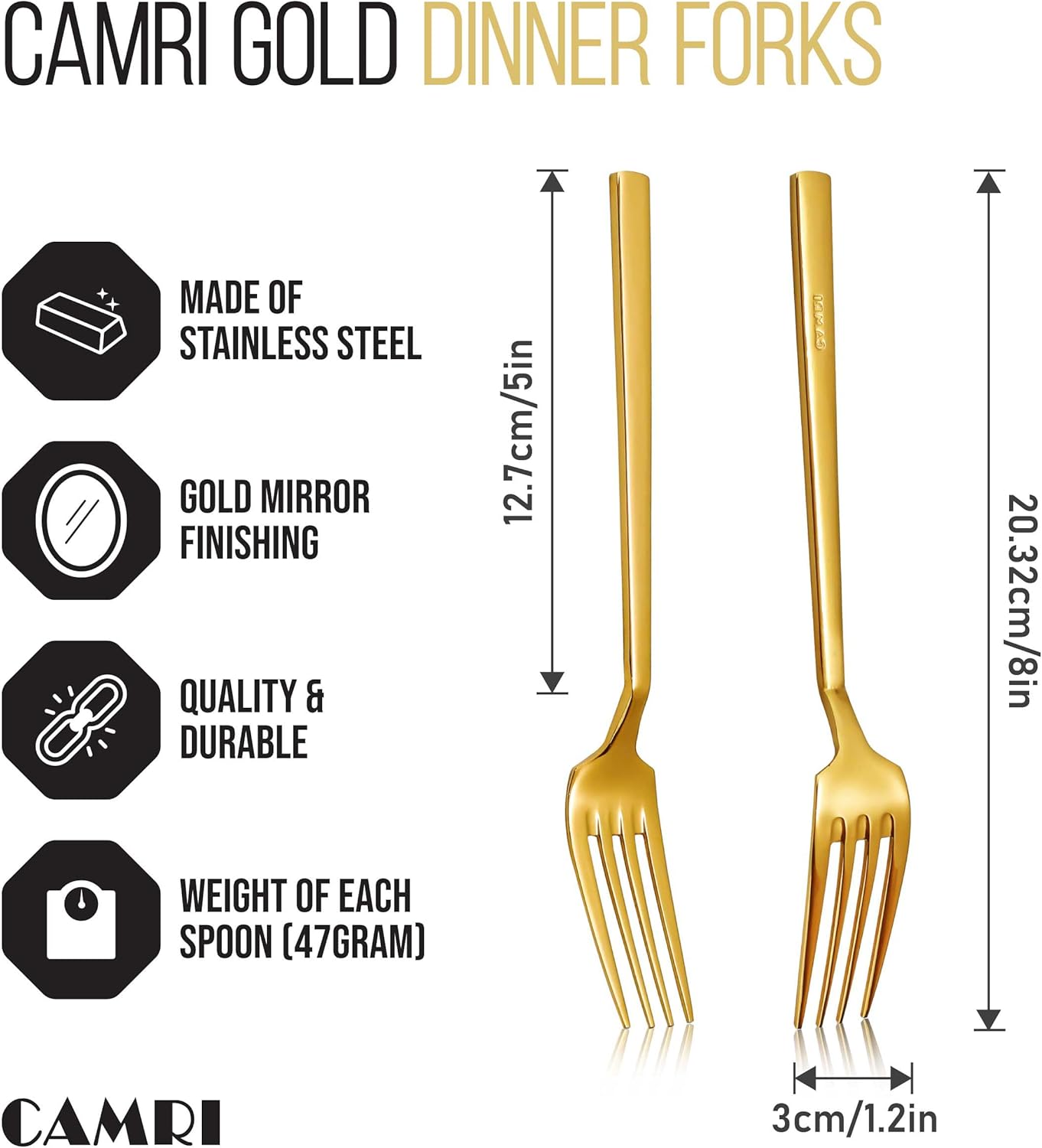 Camri Gold Forks Set of 6 – Golden Dinner Fork Stainless Steel, Gold Mirror Finishing, Gold Cutlery Sets for Home, Kitchen & Restaurant 20.32 cm / 8 in (C62 G - 6 Pcs)