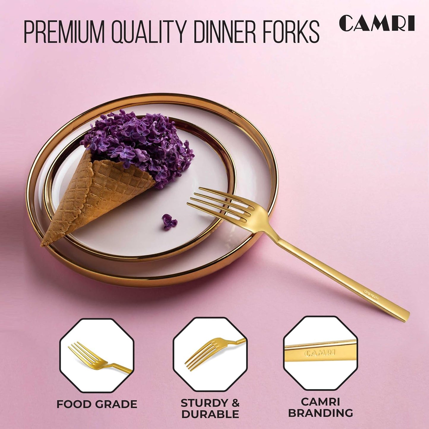 Camri Gold Forks Set of 6 – Golden Dinner Fork Stainless Steel, Gold Mirror Finishing, Gold Cutlery Sets for Home, Kitchen & Restaurant 20.32 cm / 8 in (C62 G - 6 Pcs)