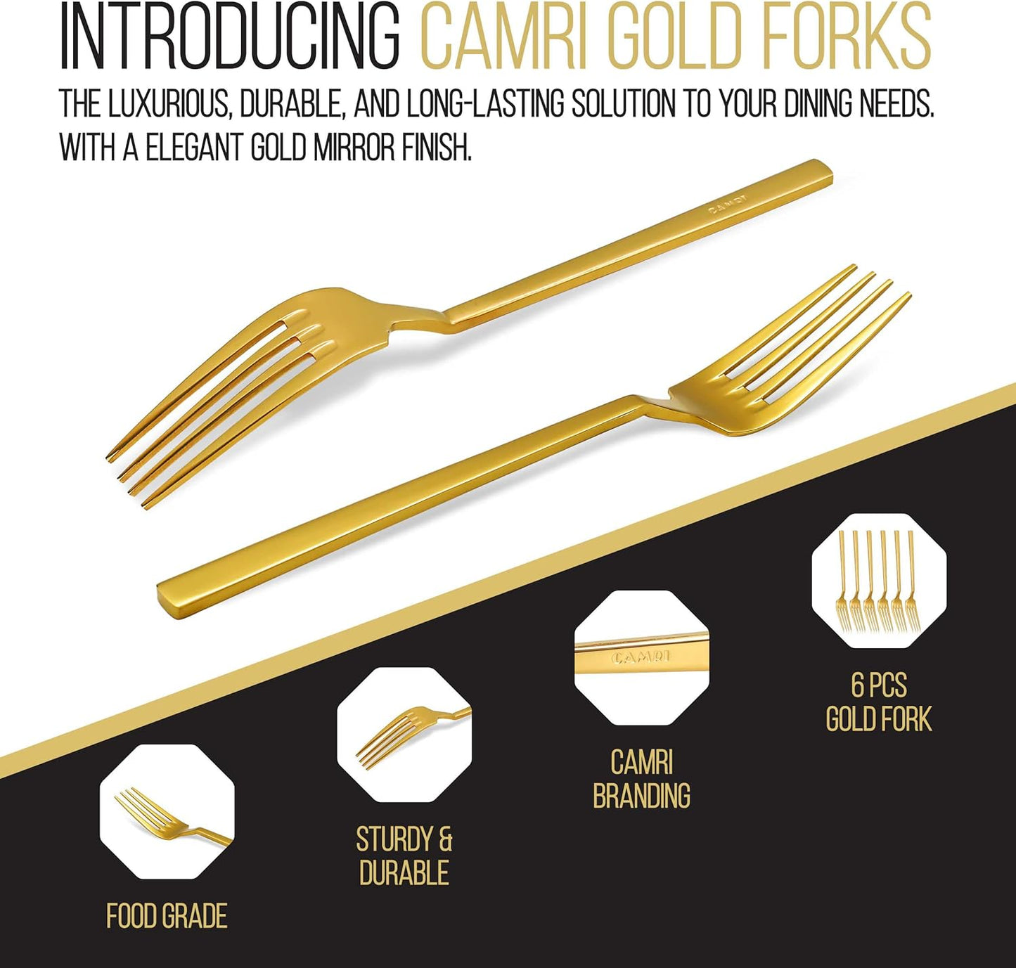 Camri Gold Forks Set of 6 – Golden Dinner Fork Stainless Steel, Gold Mirror Finishing, Gold Cutlery Sets for Home, Kitchen & Restaurant 20.32 cm / 8 in (C62 G - 6 Pcs)