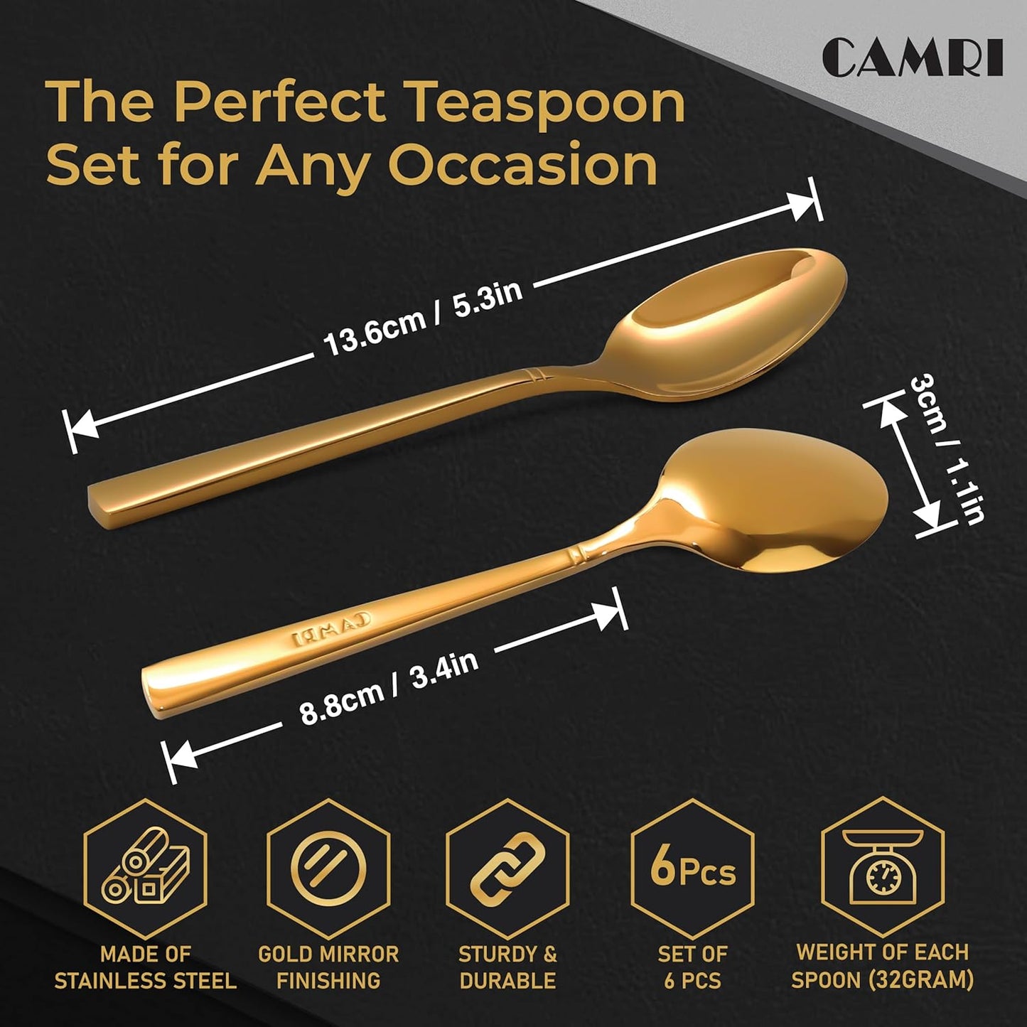 Camri Stainless Steel Teaspoons - Set of 6 – C37- Gold