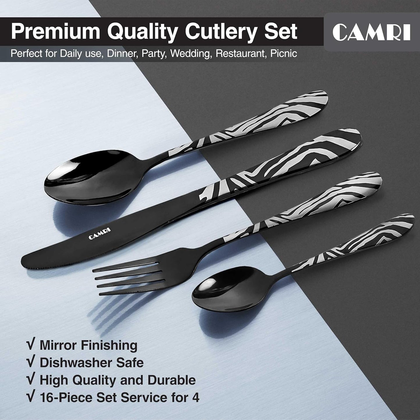 Camri Stainless Steel Cutlery Set – 16 Pieces - Zebra Black Pattern