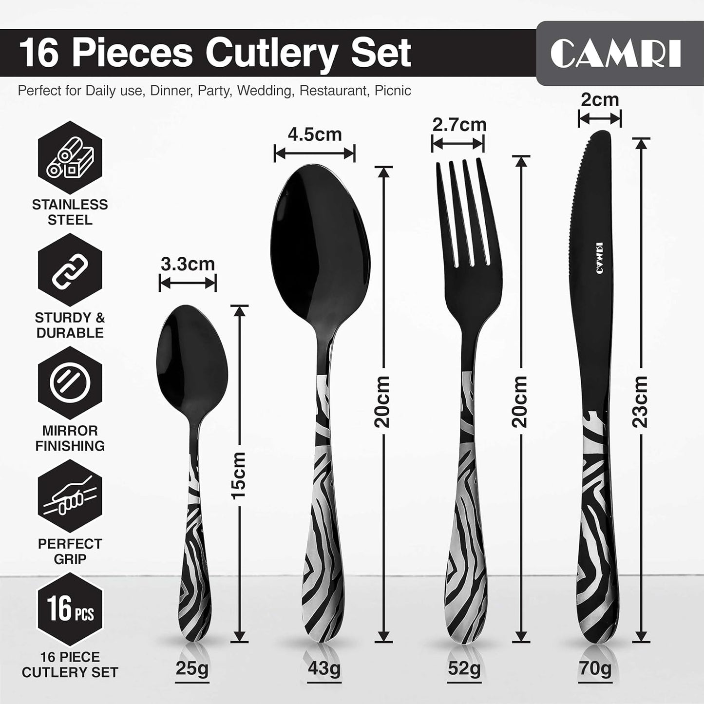 Camri Stainless Steel Cutlery Set – 16 Pieces - Zebra Black Pattern