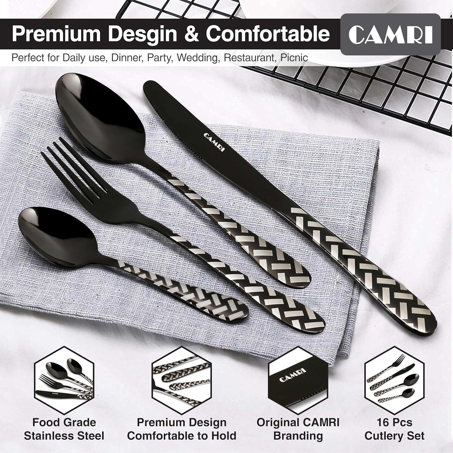 Camri Stainless Steel Cutlery Set – 16 Pieces - Cross Black Pattern