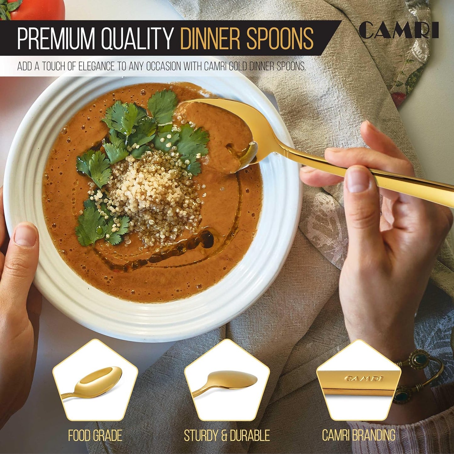 Camri Stainless Steel Dinner Spoons - Set of 6 - C37 - Gold