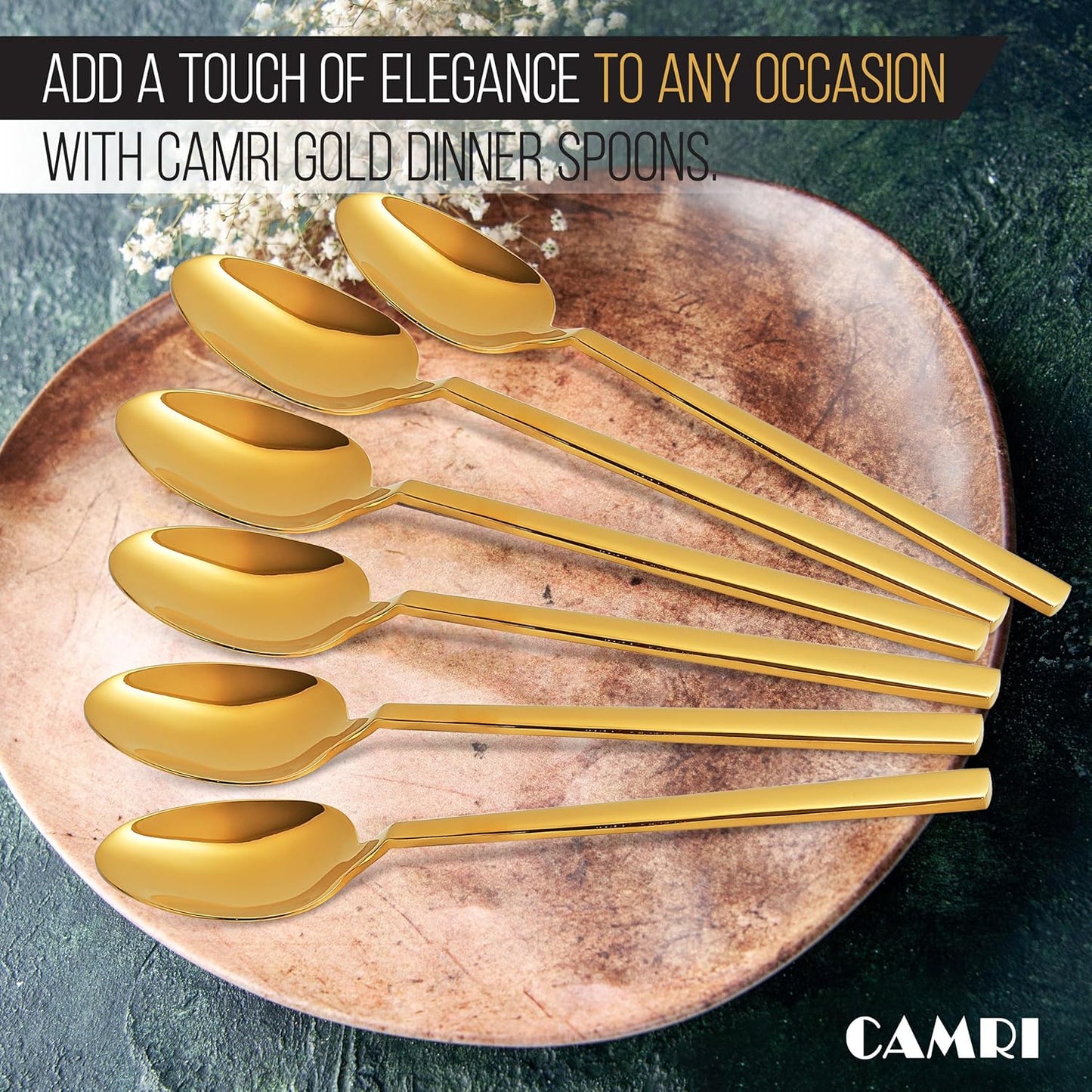 Camri Stainless Steel Dinner Spoons - Set of 6 - C62 - Gold