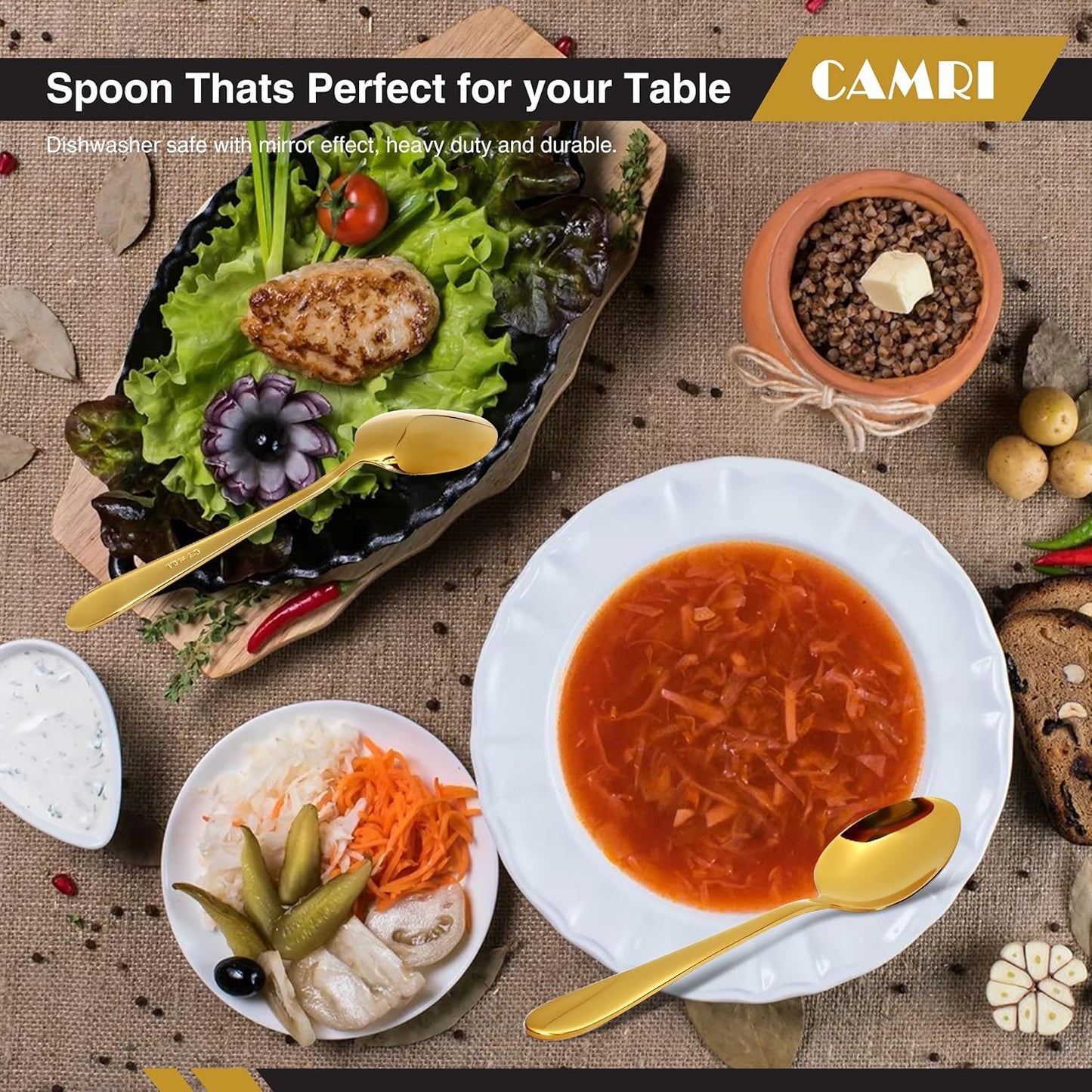 Camri Stainless Steel Dinner Spoons - Set of 12 - C61 -Gold