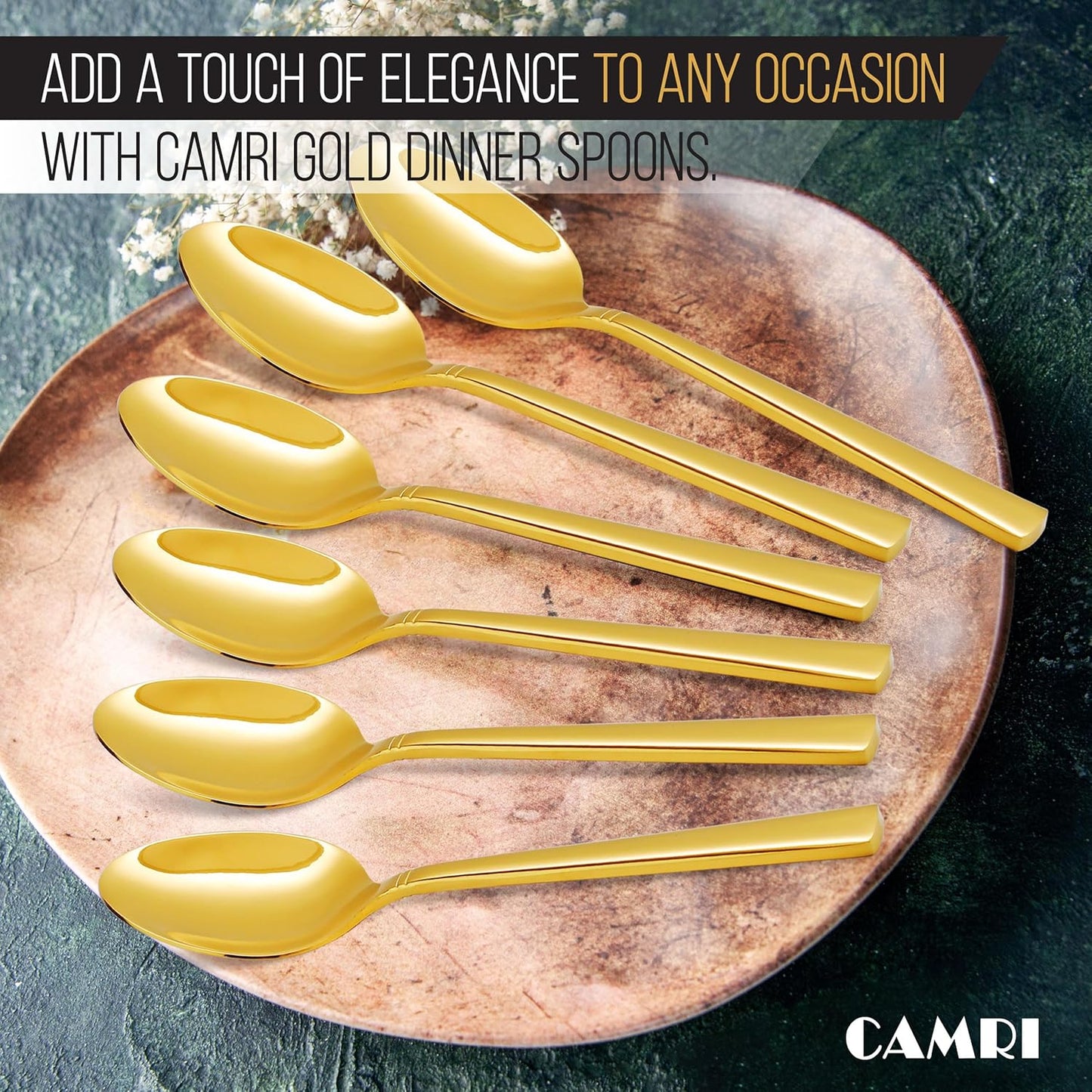 Camri Stainless Steel Dinner Spoons - Set of 6 - C37 - Gold