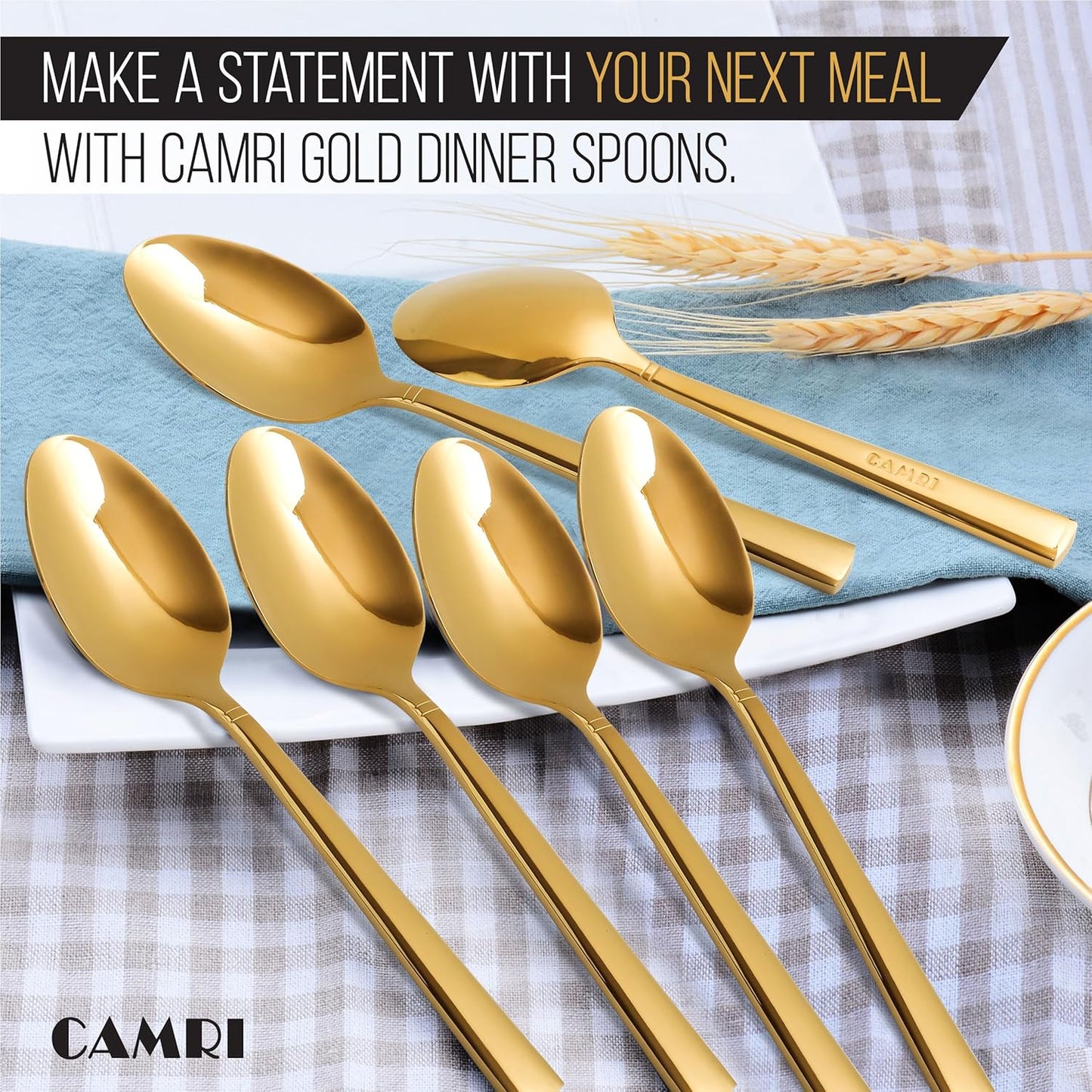 Camri Stainless Steel Dinner Spoons - Set of 6 - C37 - Gold