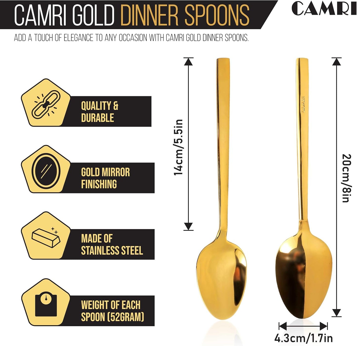 Camri Stainless Steel Dinner Spoons - Set of 6 - C62 - Gold