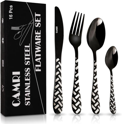 Camri Stainless Steel Cutlery Set – 16 Pieces - Cross Black Pattern