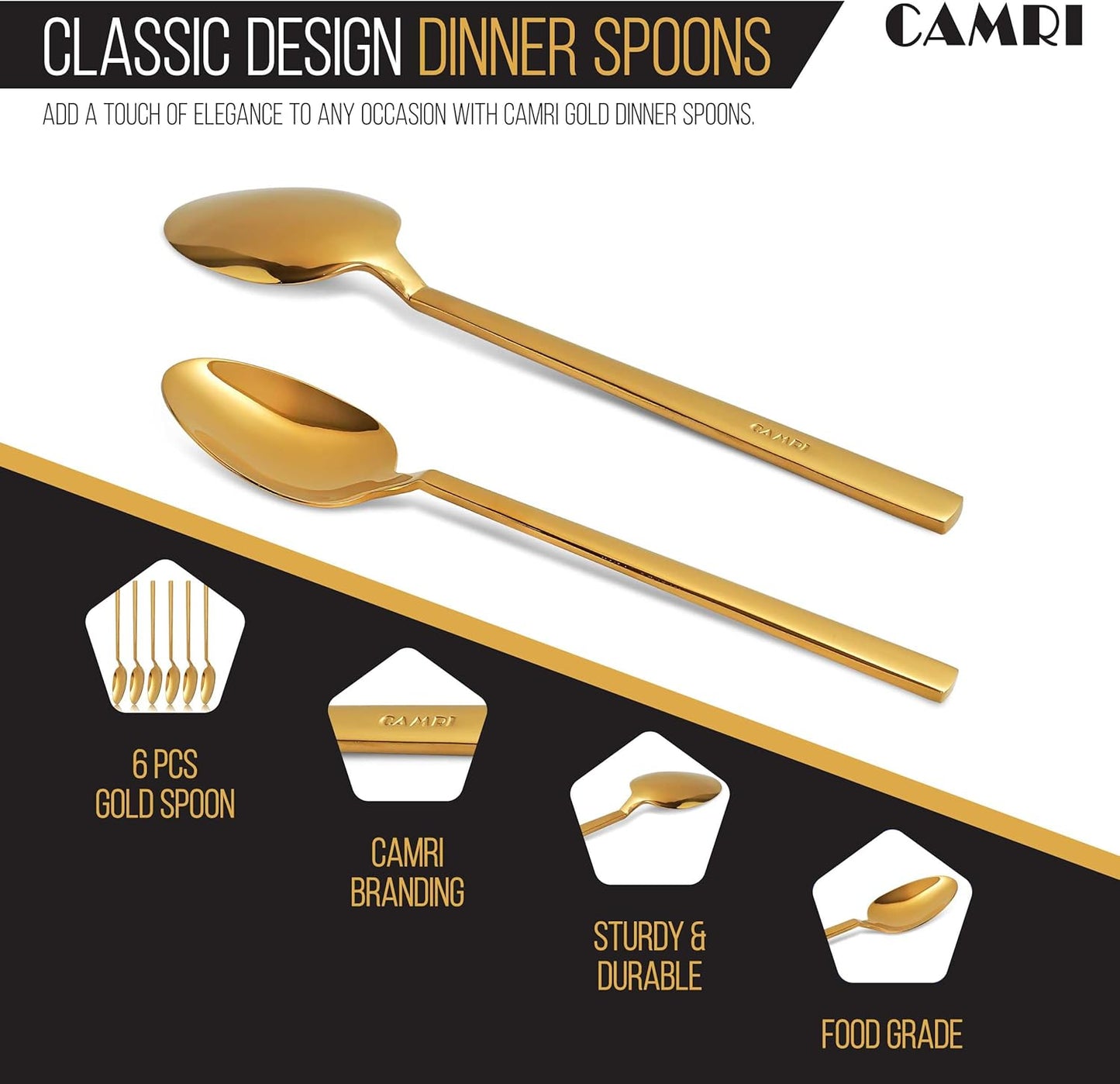 Camri Stainless Steel Dinner Spoons - Set of 6 - C62 - Gold