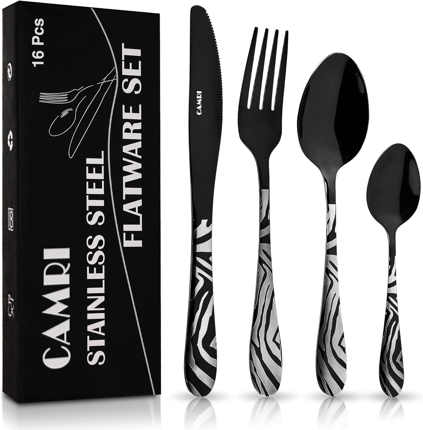 Camri Stainless Steel Cutlery Set – 16 Pieces - Zebra Black Pattern