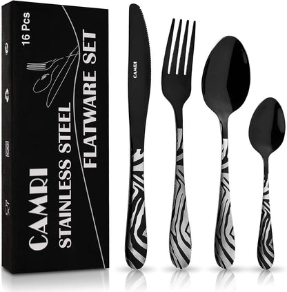 Camri Stainless Steel Cutlery Set – 16 Pieces - Zebra Black Pattern