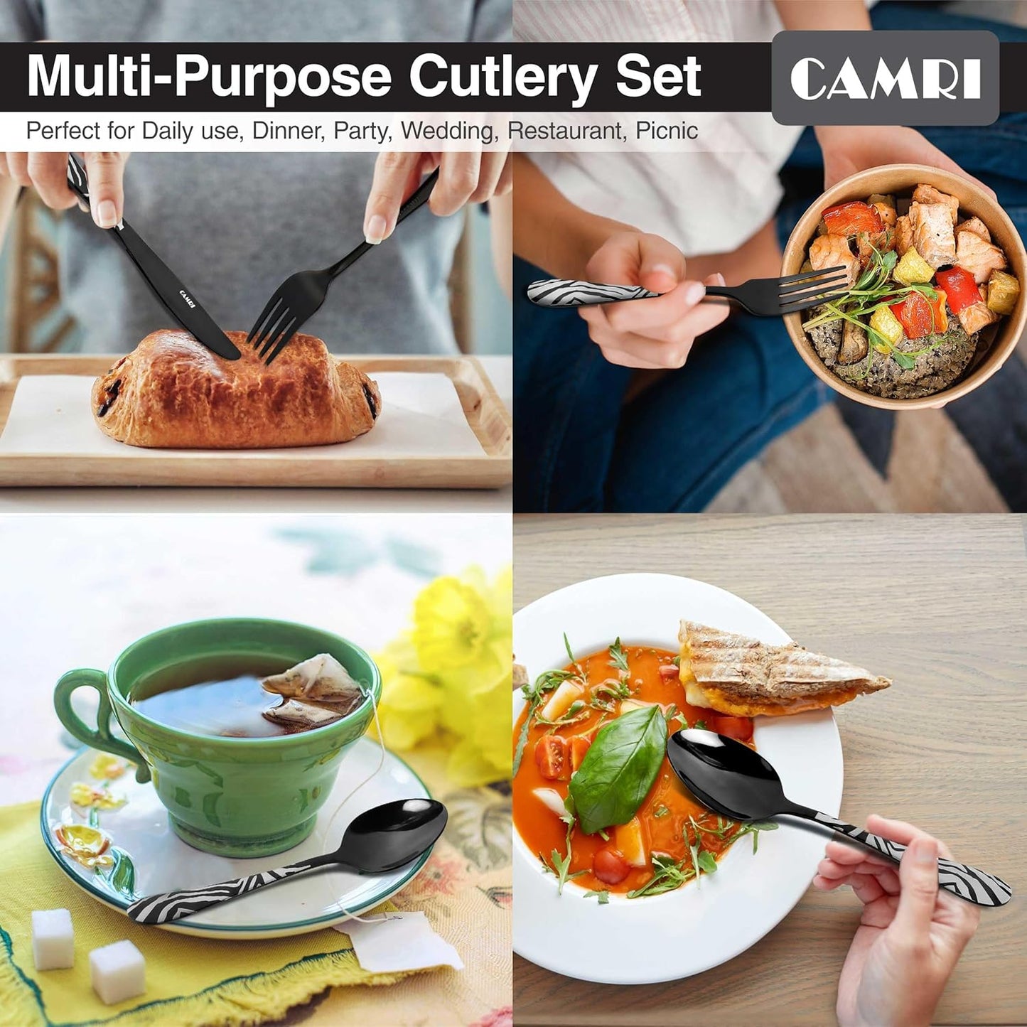 Camri Stainless Steel Cutlery Set – 16 Pieces - Zebra Black Pattern