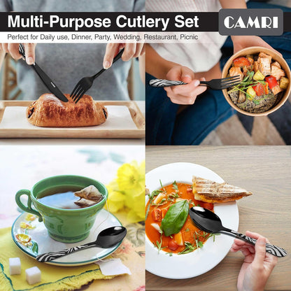 Camri Stainless Steel Cutlery Set – 16 Pieces - Zebra Black Pattern