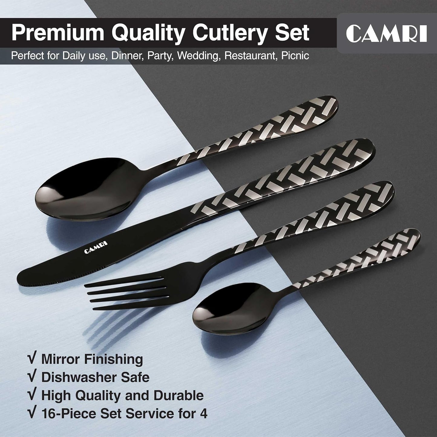 Camri Stainless Steel Cutlery Set – 16 Pieces - Cross Black Pattern