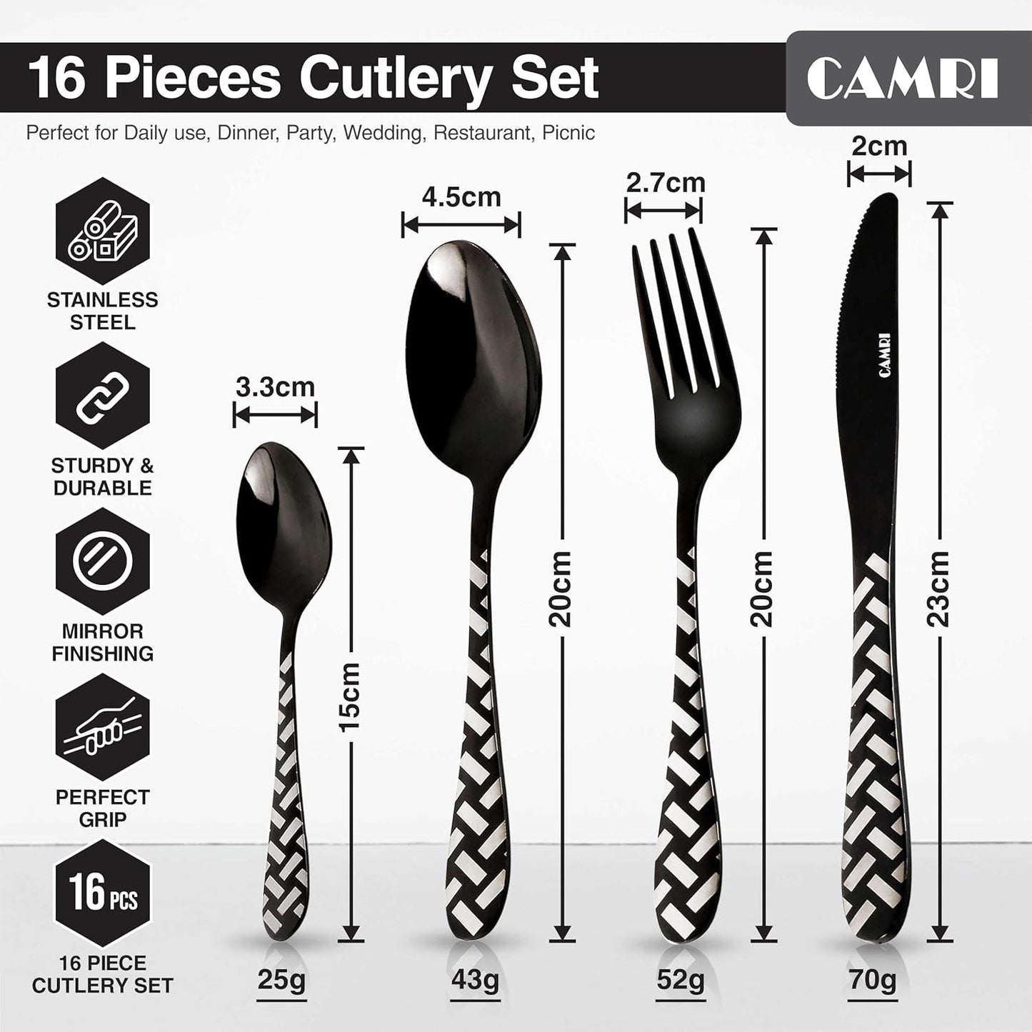 Camri Stainless Steel Cutlery Set – 16 Pieces - Cross Black Pattern