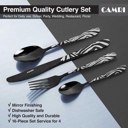 Camri Stainless Steel Cutlery Set – 16 Pieces - Zebra Black Pattern