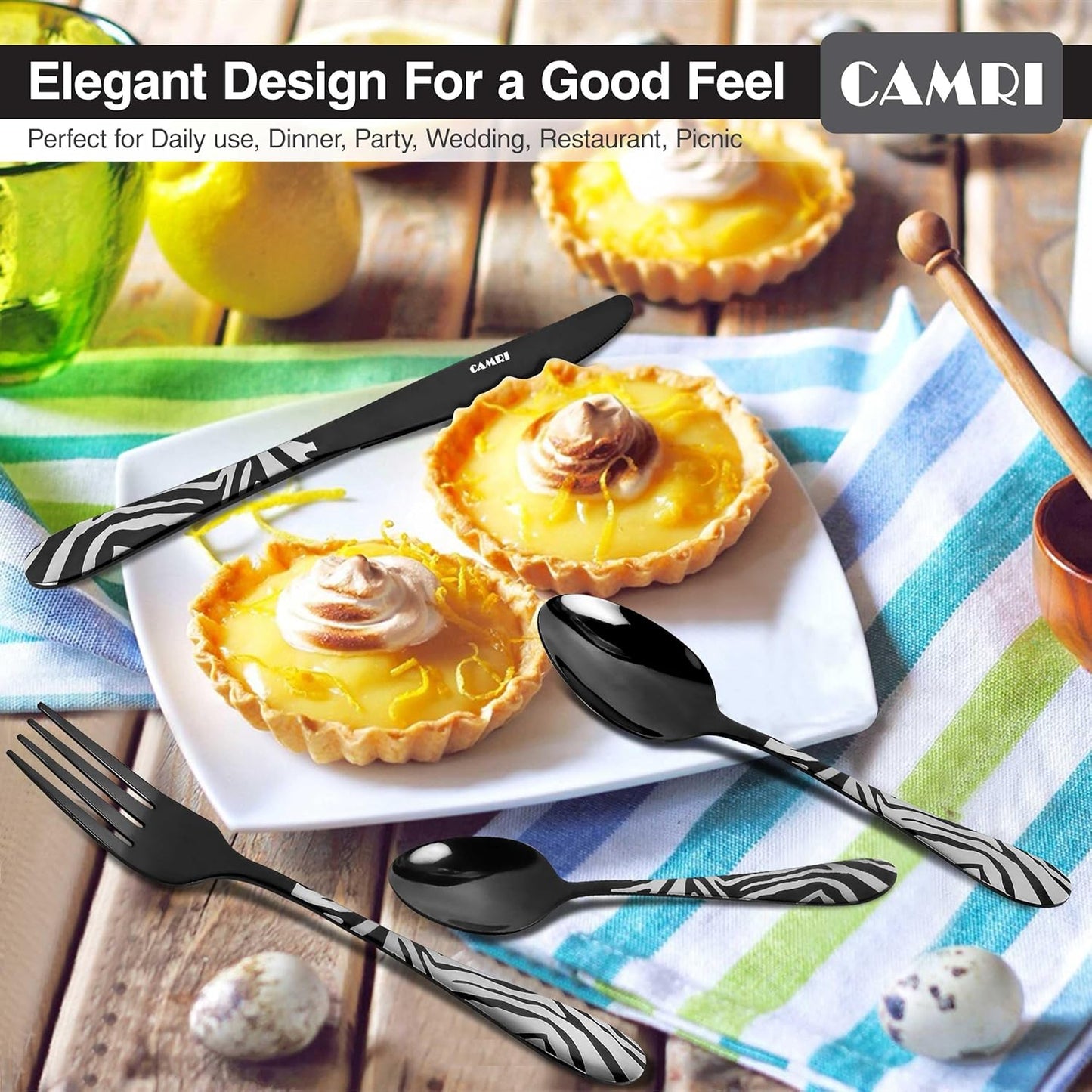 Camri Stainless Steel Cutlery Set – 16 Pieces - Zebra Black Pattern