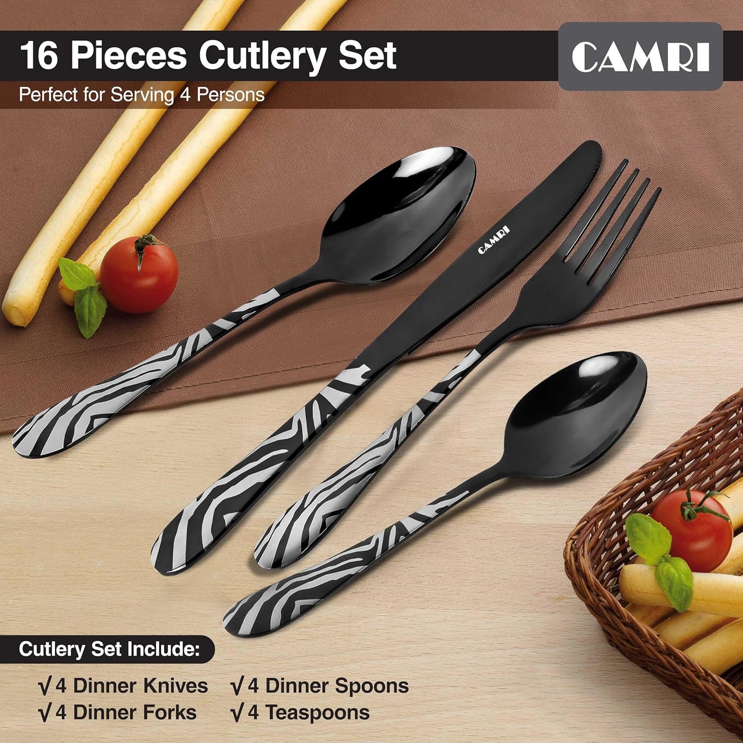 Camri Stainless Steel Cutlery Set – 16 Pieces - Zebra Black Pattern