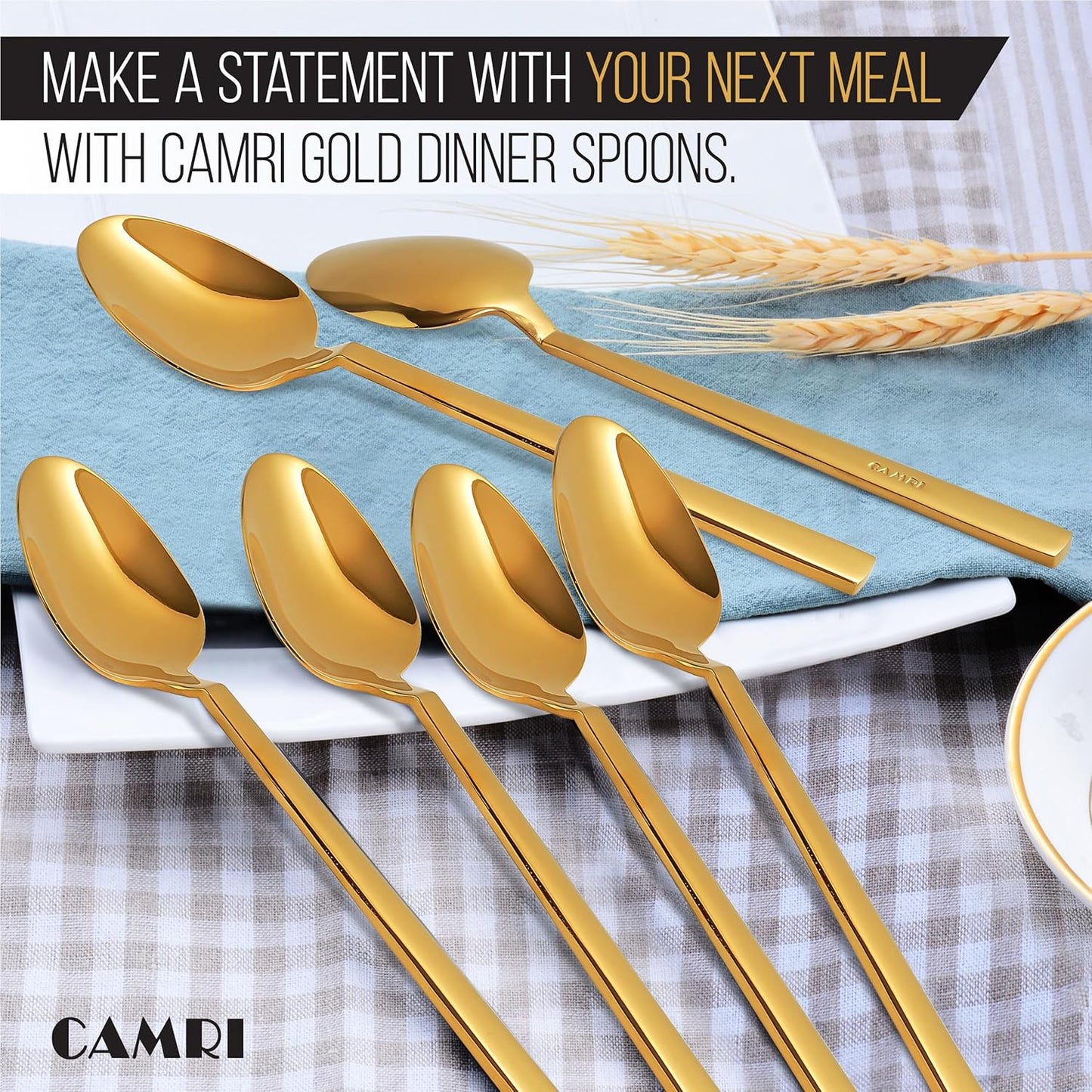 Camri Stainless Steel Dinner Spoons - Set of 6 - C62 - Gold