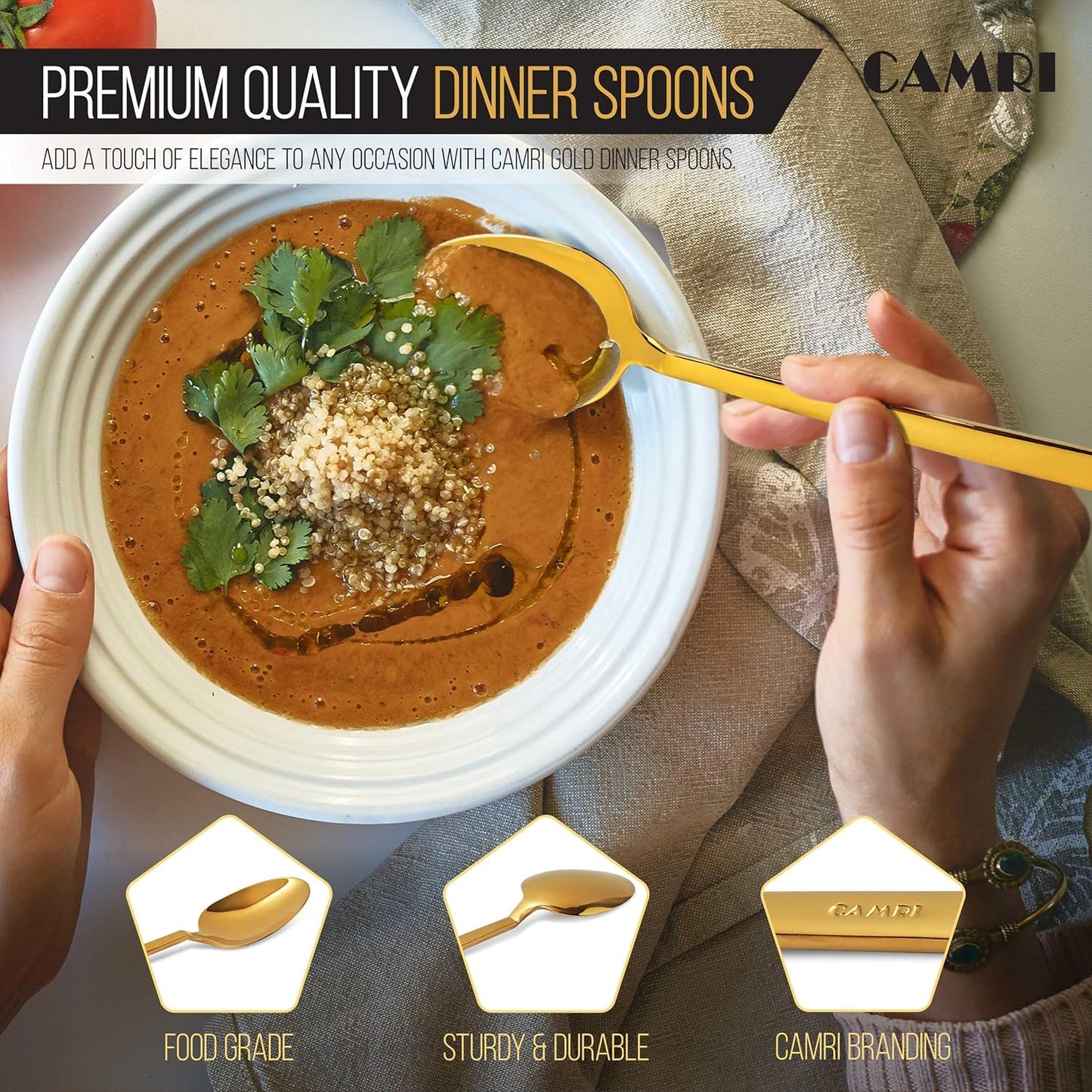 Camri Stainless Steel Dinner Spoons - Set of 6 - C62 - Gold