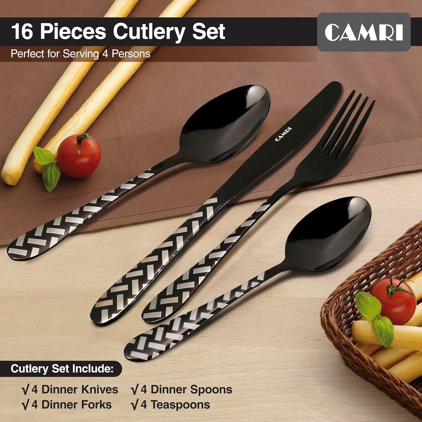 Camri Stainless Steel Cutlery Set – 16 Pieces - Cross Black Pattern