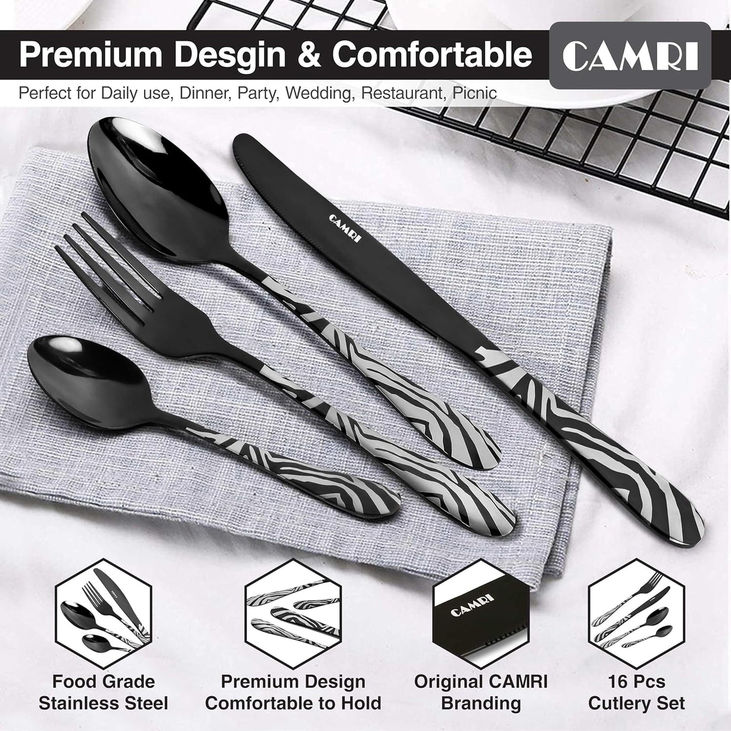 Camri Stainless Steel Cutlery Set – 16 Pieces - Zebra Black Pattern