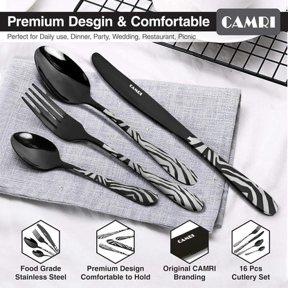 Camri Stainless Steel Cutlery Set – 16 Pieces - Zebra Black Pattern